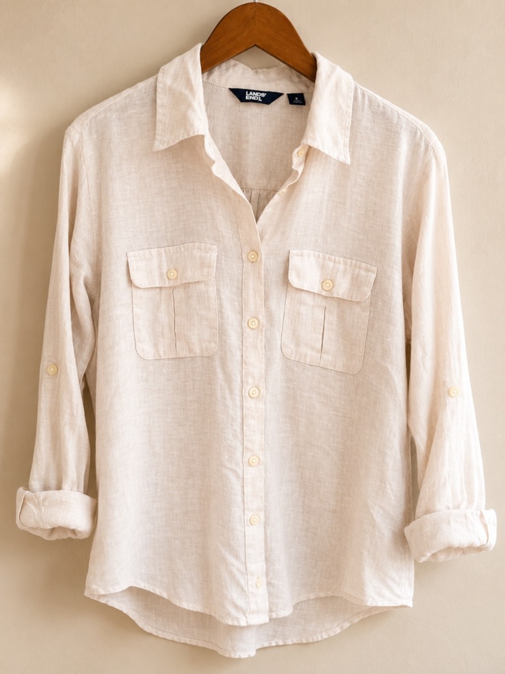 Lands’ End 100% Linen Button Front Shirt Beige Coastal Old Money Size Small - Picture 2 of 6